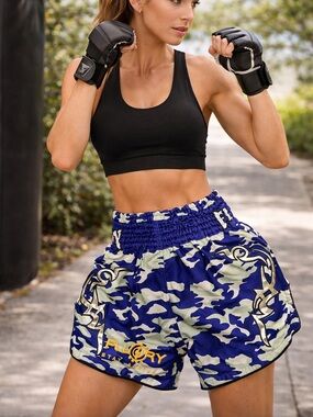 Fluory Muay Thai Shorts Blue Camo Tribal Kickboxing MMA Size L NWT